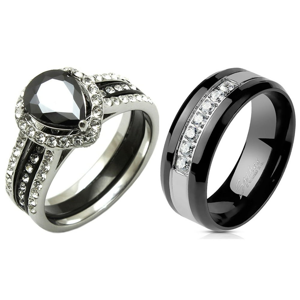 La Ny Jewelry - His Hers Ring Set Womens Black Pear Cut CZ Two Tone