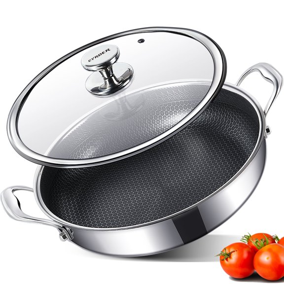 Large Hybrid Nonstick Deep Frying Pan-13inch 304L Stainless Steel Sauté Pan and Lid, Two Handle Hold, Dishwasher Oven Safe, Cookware to Stir fry/Toast/Roast/Bake/Stew, 7.2-Quart