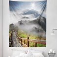thumbnail image 1 of Misty Tapestry, Nature Photo of Foggy Mountains Grassy Land and Long Wooden Pier Stairs at Daytime, Fabric Wall Hanging Decor for Bedroom Living Room Dorm, 5 Sizes, Multicolor, by Ambesonne, 1 of 1