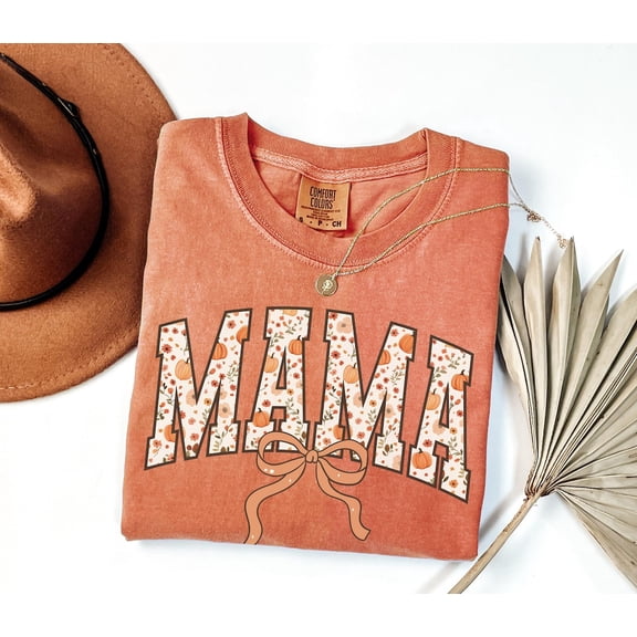 RosaWear MAMA Floral Pumpkin Fall Shirt, Garment-Dyed Mom T-Shirt