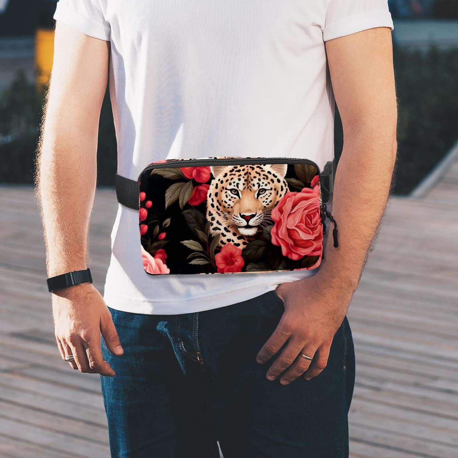 Rose Leopard Lightweight Adjustable Running Belt Bag Fanny Pack Waist Pack with Extension Strap Unisex