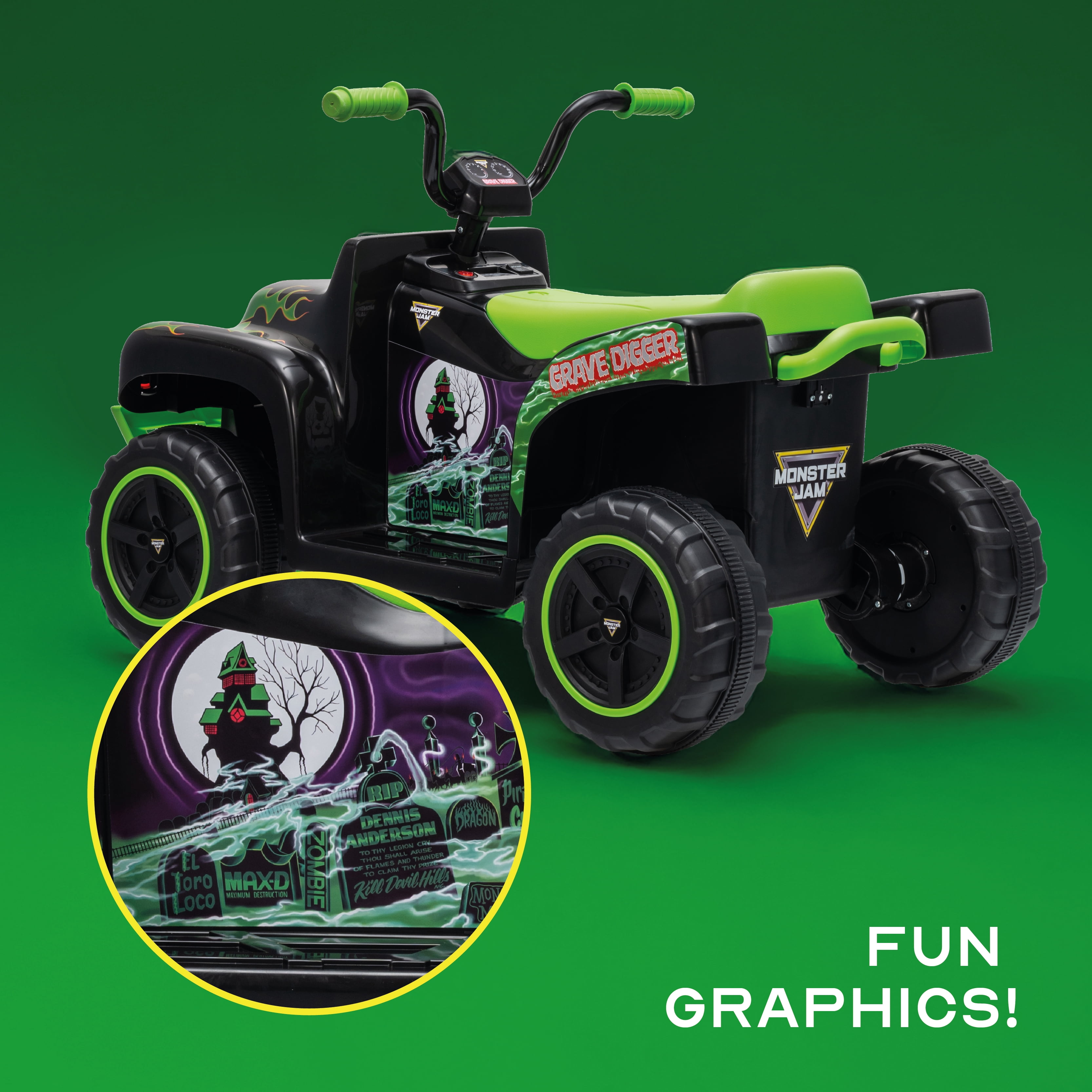 Monster Jam 12V Grave Digger Kids 1 Seat Ride-On ATV with 3.5 MPH Top Speed, Forward/Reverse Controls and Rechargeable Battery