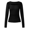 thumbnail image 4 of Lace Mesh Sheer Long Sleeve Tops for Women Crew Neck Cut Out Front Side Ruched Asymmetrical Hem Party Clubwear Fitted Tight T Shirts Blouses Black L, 4 of 5