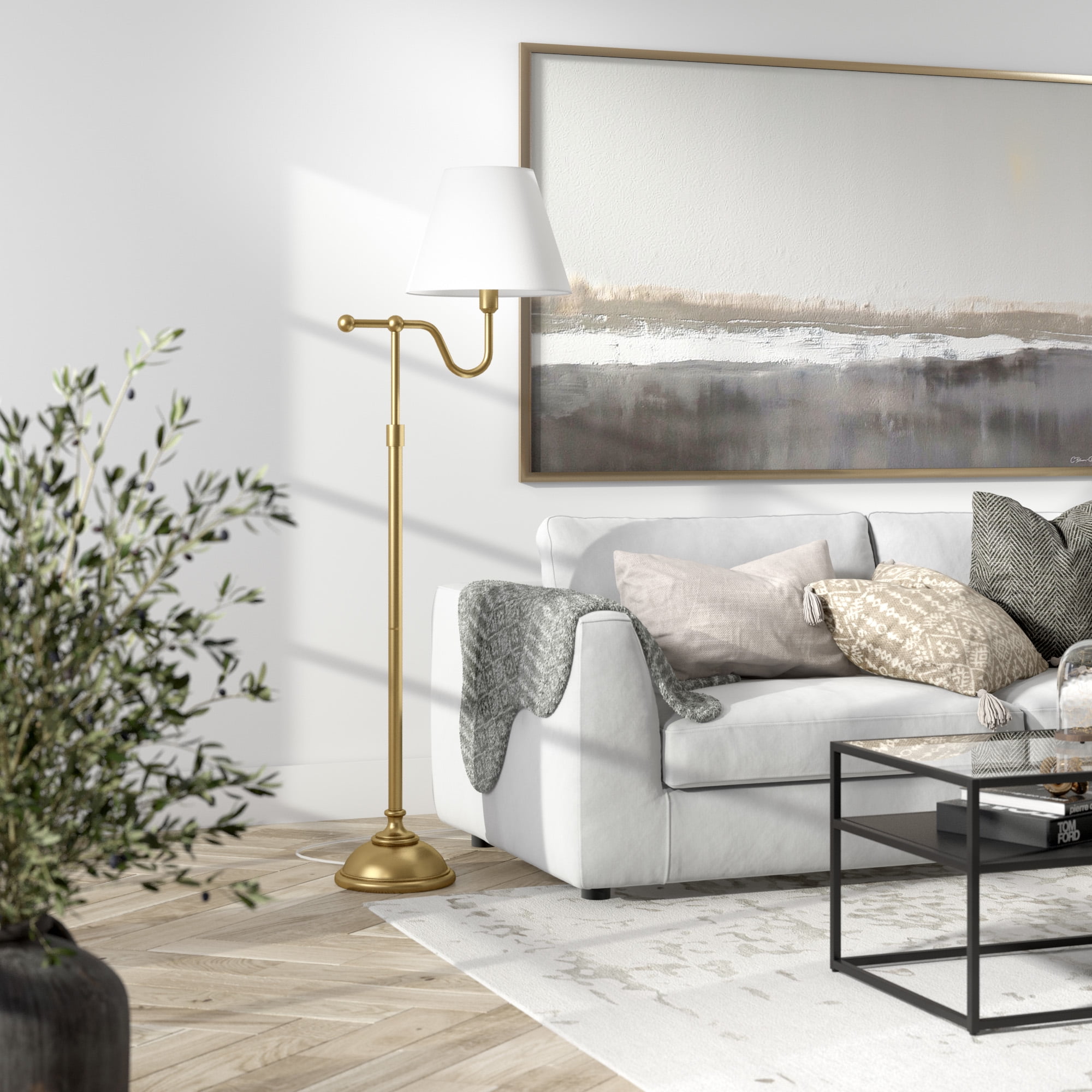 Evelyn&Zoe Wellesley 63" Tall Floor Lamp with Fabric Shade, Brass/White