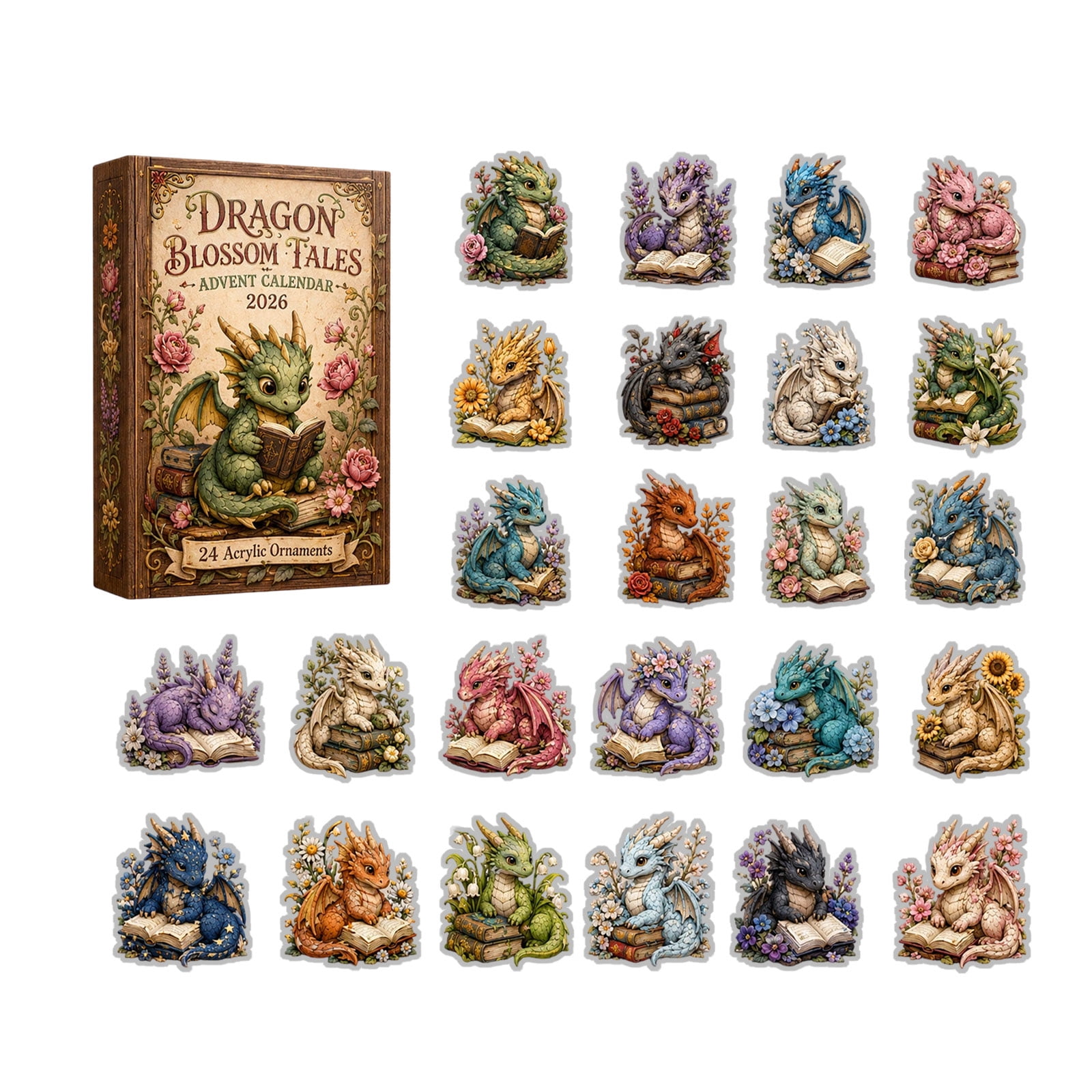 2026 Dragon Blossom Tales Christmas Advent Calendar, 24 Days Xmas Countdown Calendar Floral Baby Dragon Acrylic Ornaments, Collectible Surprise Gift Box Stocking Stuffer