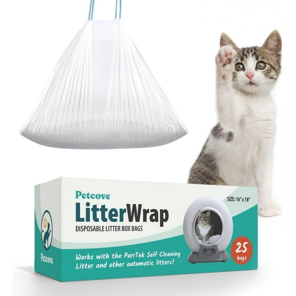 Petcove PurrTek Cat Litter Box Liners 25-Pack – Heavy-Duty Drawstring Bags for Self-Cleaning Litter Boxes | Jumbo Leak-Proof Refills, Odor Control, Unscented Cat Waste Disposal
