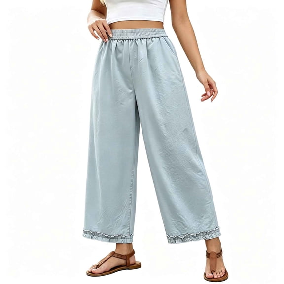Liweisiy Women's Wide Leg Ruffled Hem Pants Ankle Length Elastic High Waistband Trousers Summer Baggy Casual Solid Color Pants With Pockets Beige XL