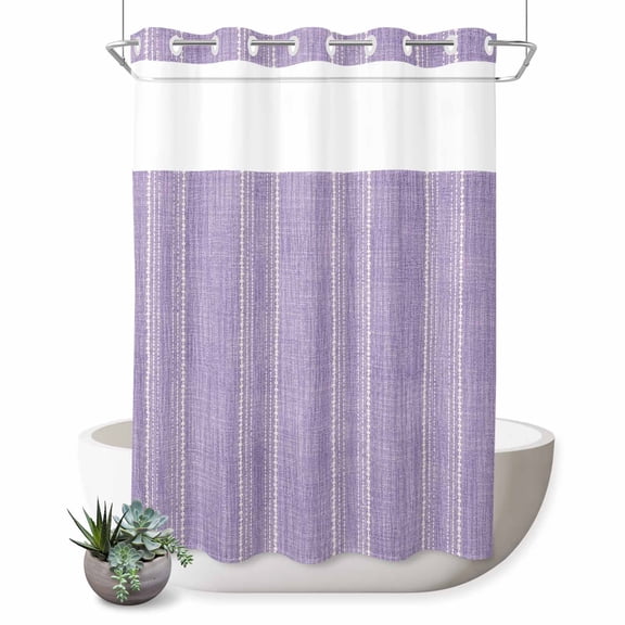 No Hook Shower Curtain, Purple Stripe Shower Curtains for Bathroom with See Through Top Window, Farmhouse Modern Minimalist Geometric Waterproof & Washable Bath Curtain Extra Long 72"x84"