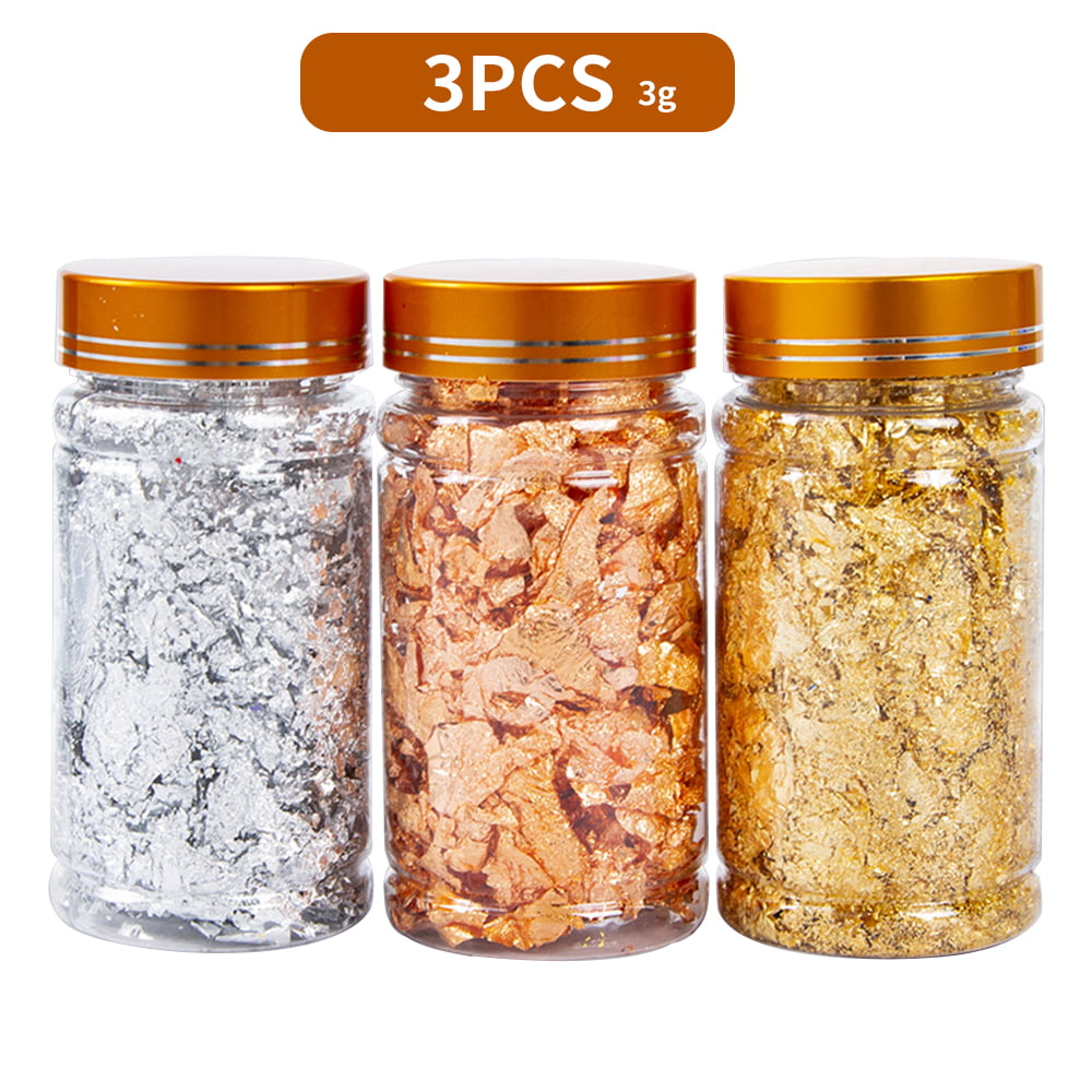 3 Grams Per Bottle KINNO Imitation Gilding Foil Flakes 3 Bottles of Metallic Flakes for Gilding Arts Projects and Handcrafts Decorations 9 Grams in Total 