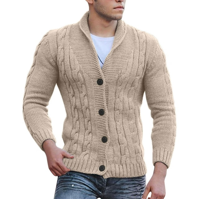 Mens Cable Knit Cardigan Sweater Shawl Collar Loose Fit Long Sleeve ...