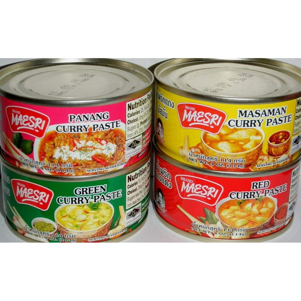 Maesri Thai Green, Red, Masaman, & Panang Curry Paste Set, 4 Ounce (1