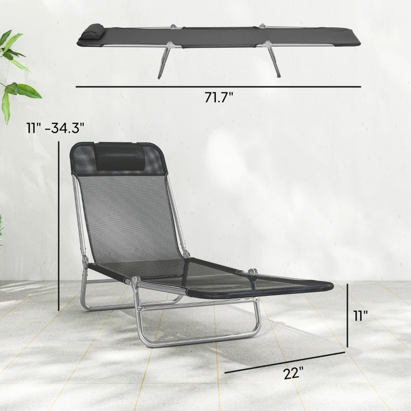 Handy Folding Chaise Lounge Chairs 2 Piece Set 5 Position Adjustable Backrest Breathable Mesh Fabric Head Pillow Portable Outdoor Pool Beach Sun Loungers