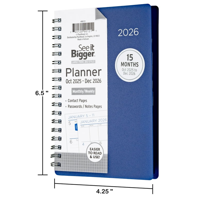 See it Bigger Monthly Weekly Planner Small (3.75″X 6.26″) Blue Solid 15-month Oct 2025-Dec 2026 Soft Cover Spiral Bound