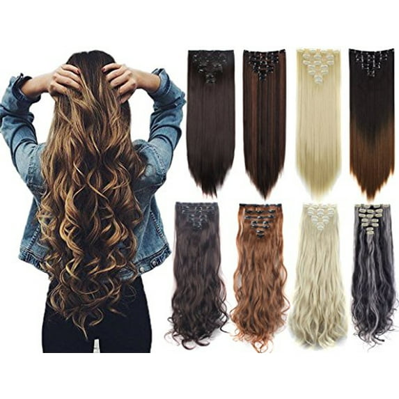 LELINTA 24" Curly Wave Clips in Synthetic Hair Extensions Hair pieces for Women double double weft 7 piece full head