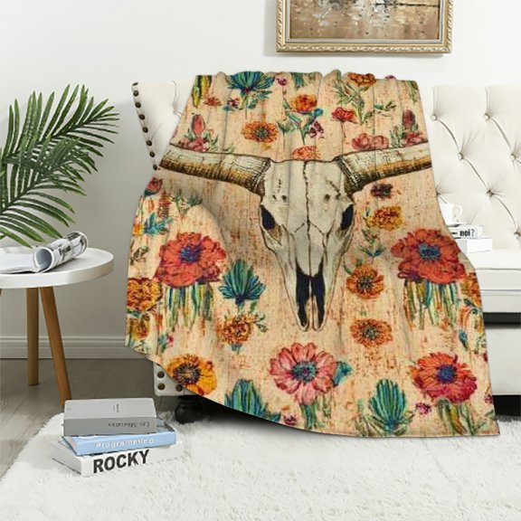 Autua Western Cow Skull Blanket Cactus Boho Throw Blankets,Birthday Gifts for Kids Adult,Lightweight Soft Fleece with Southwestern Style,for Sofa Couch Bed Room Artistic Bohemian Decor  40x50in