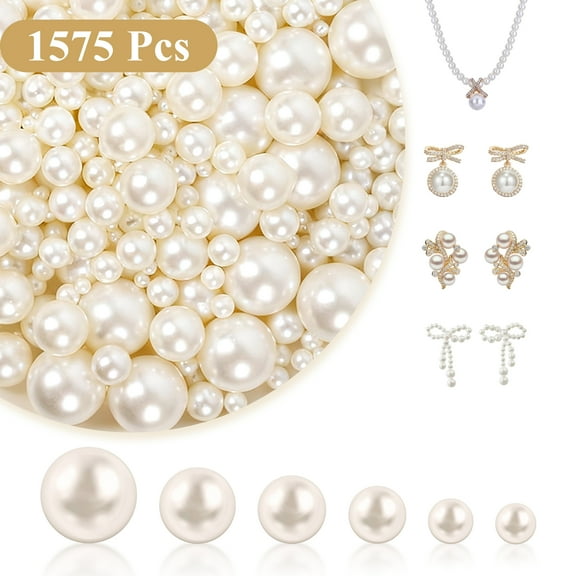 Remiawy 1575 Pcs Pearls for Crafting, 4/6/8/10/12/14mm Round Pearl Beads for Jewelry Making, Imitation Pearls with Holes for DIY Crafts, Bracelets, Necklaces, Earrings, Vase Filler, and Decorations