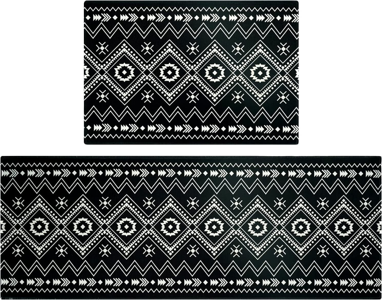 Black Boho Geometric Kitchen Rugs & Mats 2 Pieces,Black & White Boho