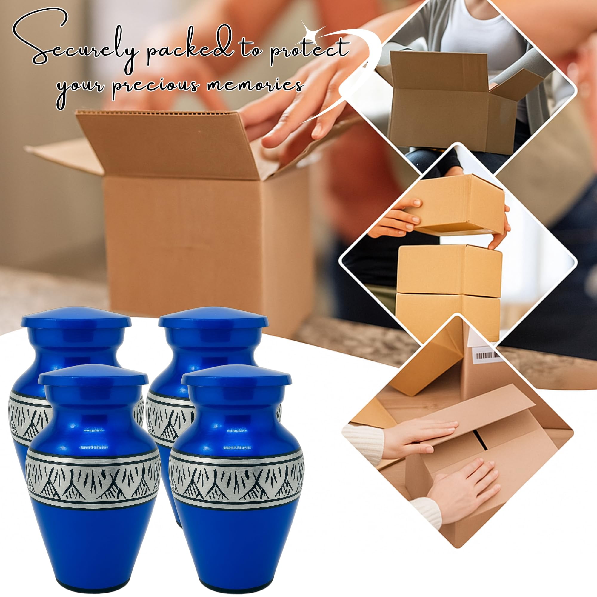 Nova Niche Small Royal Blue Aluminium Cremation Urns for Human Ashes – Mini Memorial Keepsake Set of 4 with Velvet Case