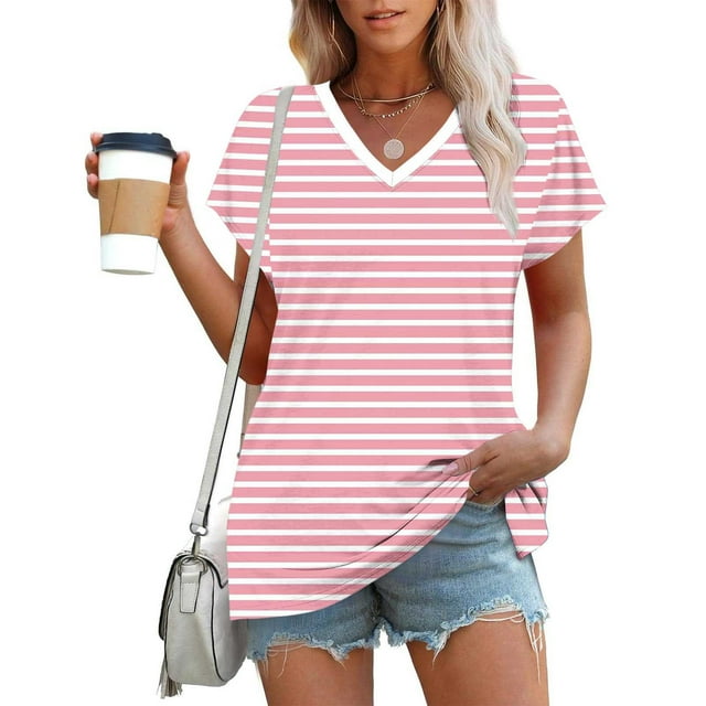 FcBaudy Hauts pour Femmes, Blouses & Chemises à Manches Courtes Col en V Mode Décontractée Confortable Imprimé T-Shirt à Manches Courtes Col en V Blouse Femme Polyester