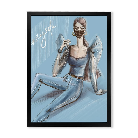 Stylish Beautiful Woman Wearing Medical Mask 30 in x 40 in Framed Painting Canvas Art Print, by Designart