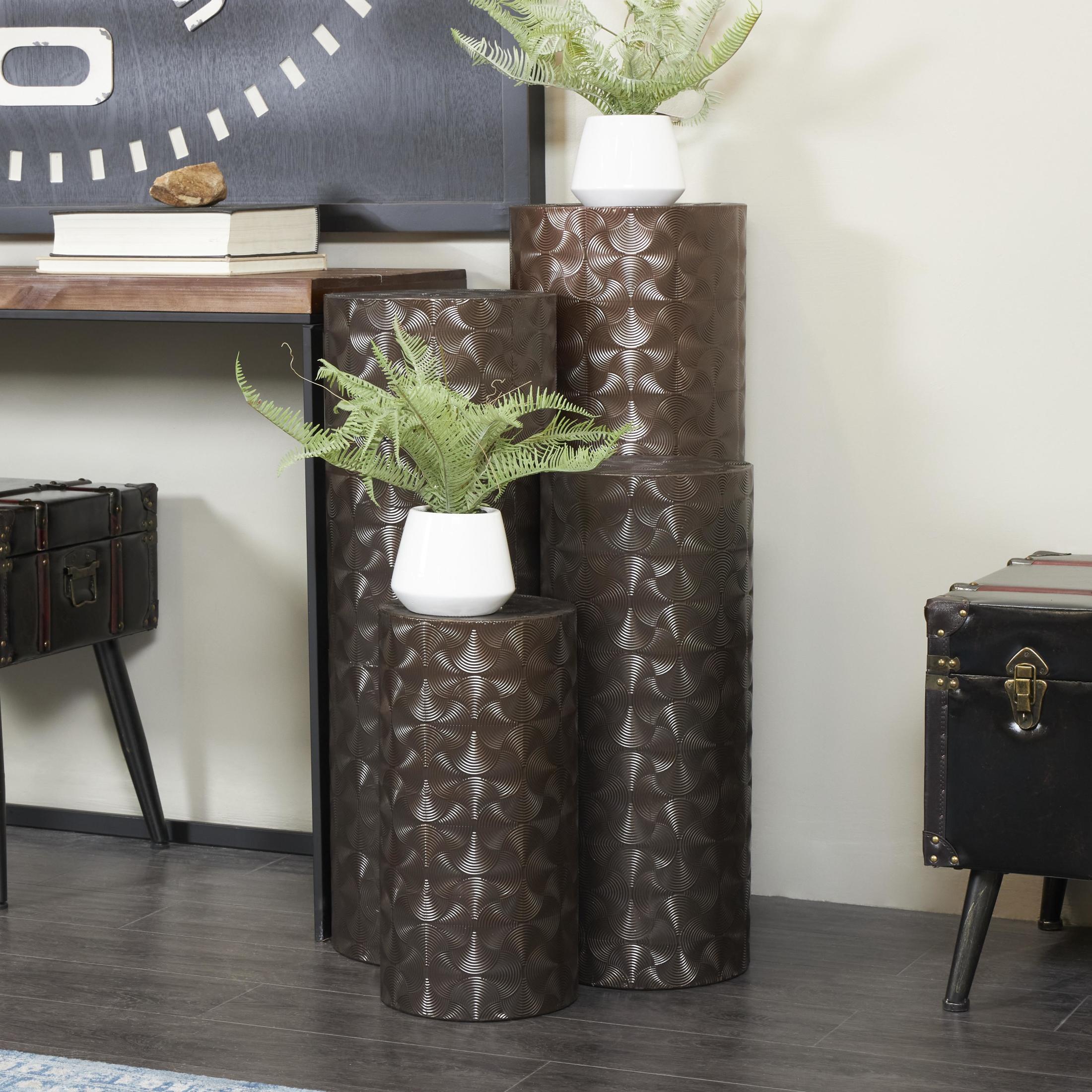 DecMode 36", 32", 24", 18"H Brown Metal Abstract Tall Slim Pedestal Table with Grooved Shell Design, 4-Pieces