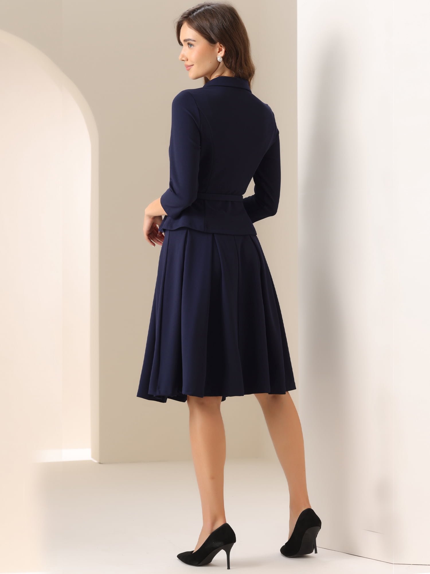 DARING DIVA Women's 2 Pcs Long Sleeve Jacket Pleated Skirt Suit Sets S Dark Blue