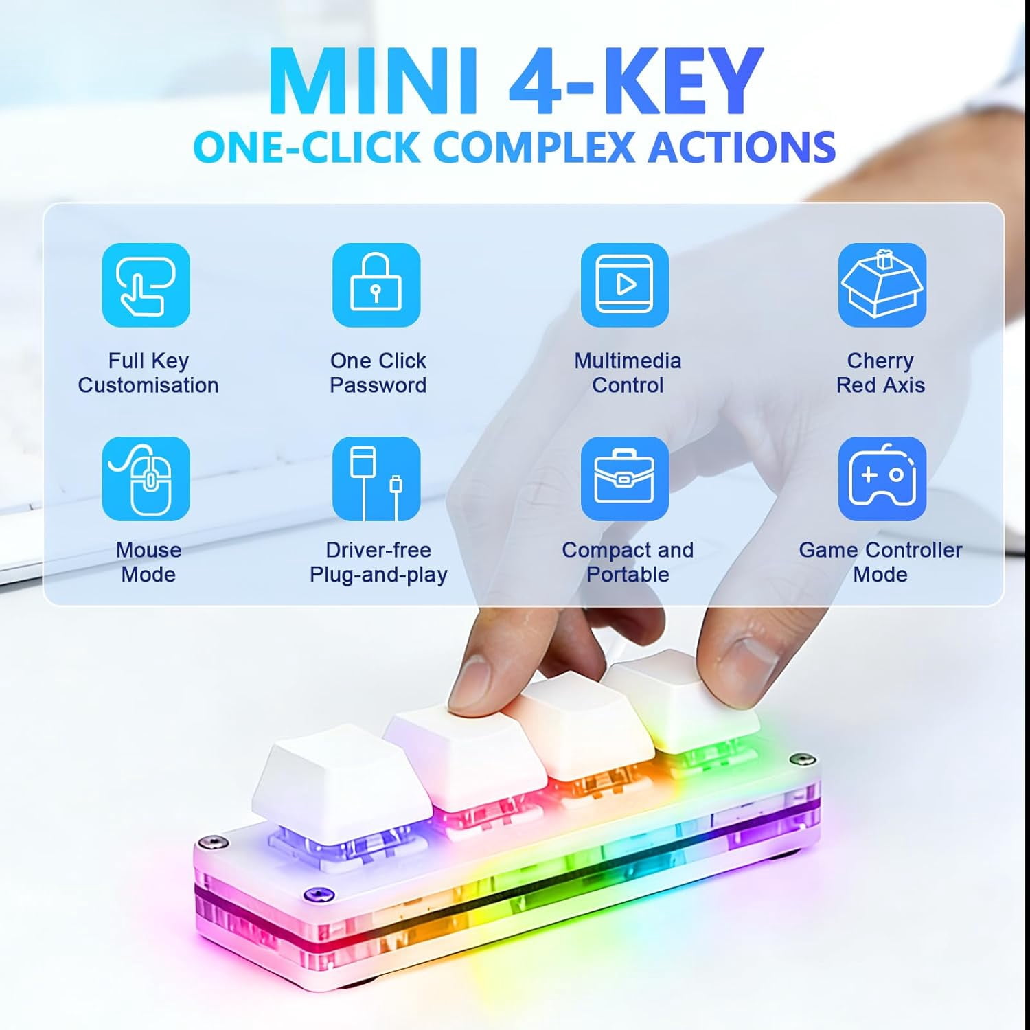 White Mini 4-Key Keypad Mechanical Gaming Keyboard, Self Programming,OSU Hot Swap Game Keyboards with 1.5m USB-C Data Cable（Upgrade Cherry Shaft &RGB LED）
