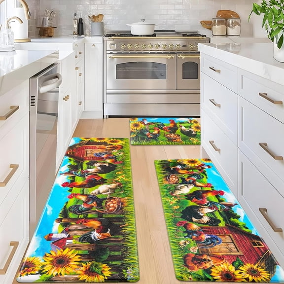 Farmhouse Kitchen Rugs [3 PCS] Anti-Fatigue Kitchen Mats for Floor Sunflower Rooster Kitchen Rugs Non-Slip Washable Waterproof Cushioned Mat for Home/Office, 18''''x30'''' 18''''x48'''' 18''''x60''''