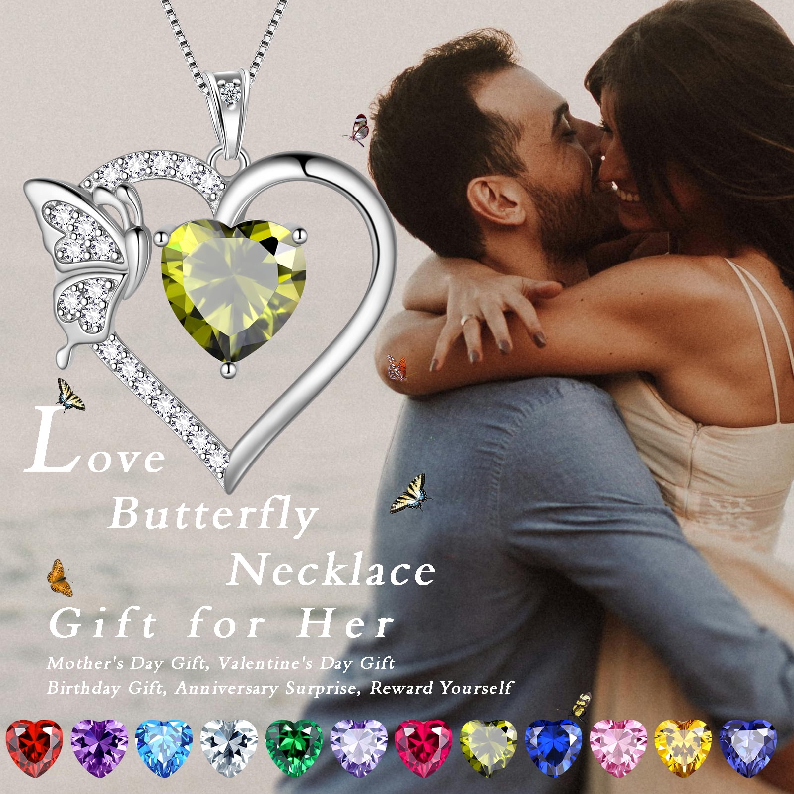 White Heart Necklace Butterfly April Birthstone Necklace Diamond Crystal 925 Sterling Silver Pendant Jewelry Women Birthday Valentine's Day Gift