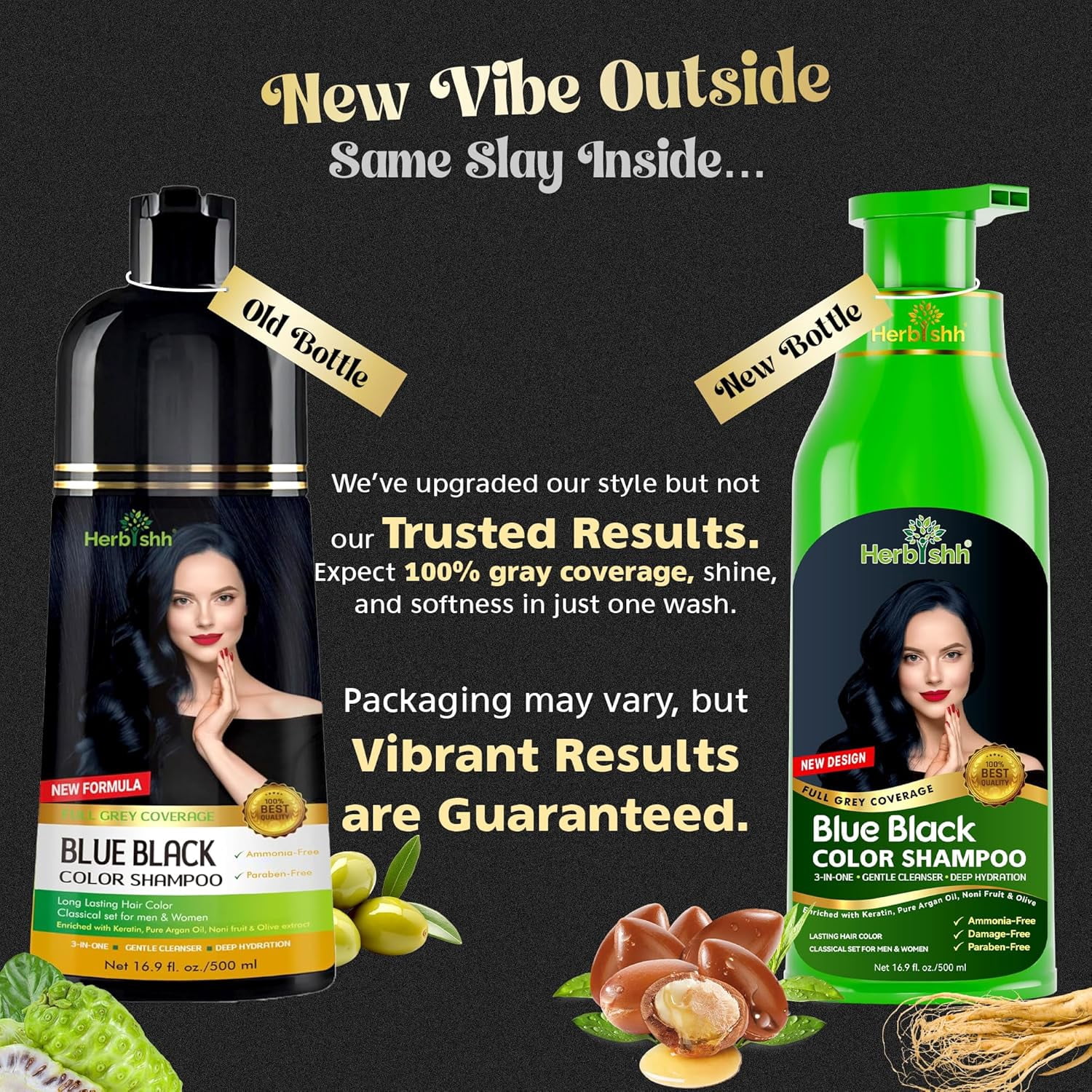 Herbishh Blue Black Hair Dye Shampoo 500ml, Color Shampoo for Grey Hair, 3-in-1 Natural Hair Dye, Ammonia-Free Formula, Hair Color for Women & Men
