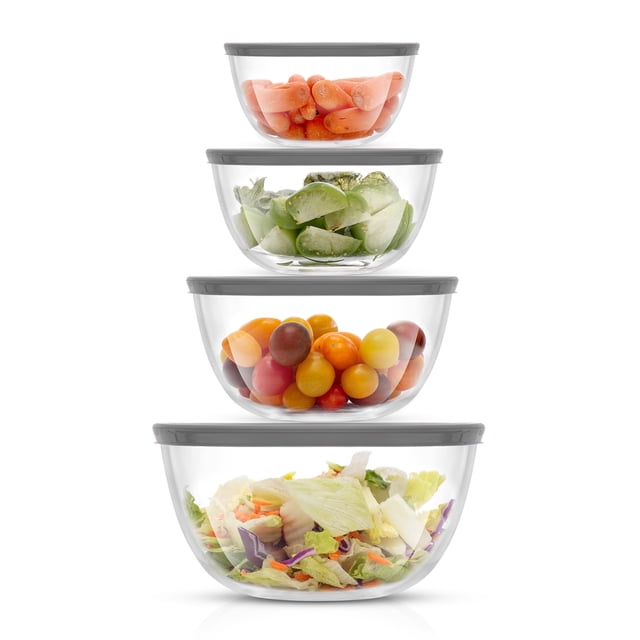 Tazones para mezclar JoyJolt Kitchen - Juego de 8 tazones de vidrio con tapa - Tazones encajables en 4 tamaños - Gris