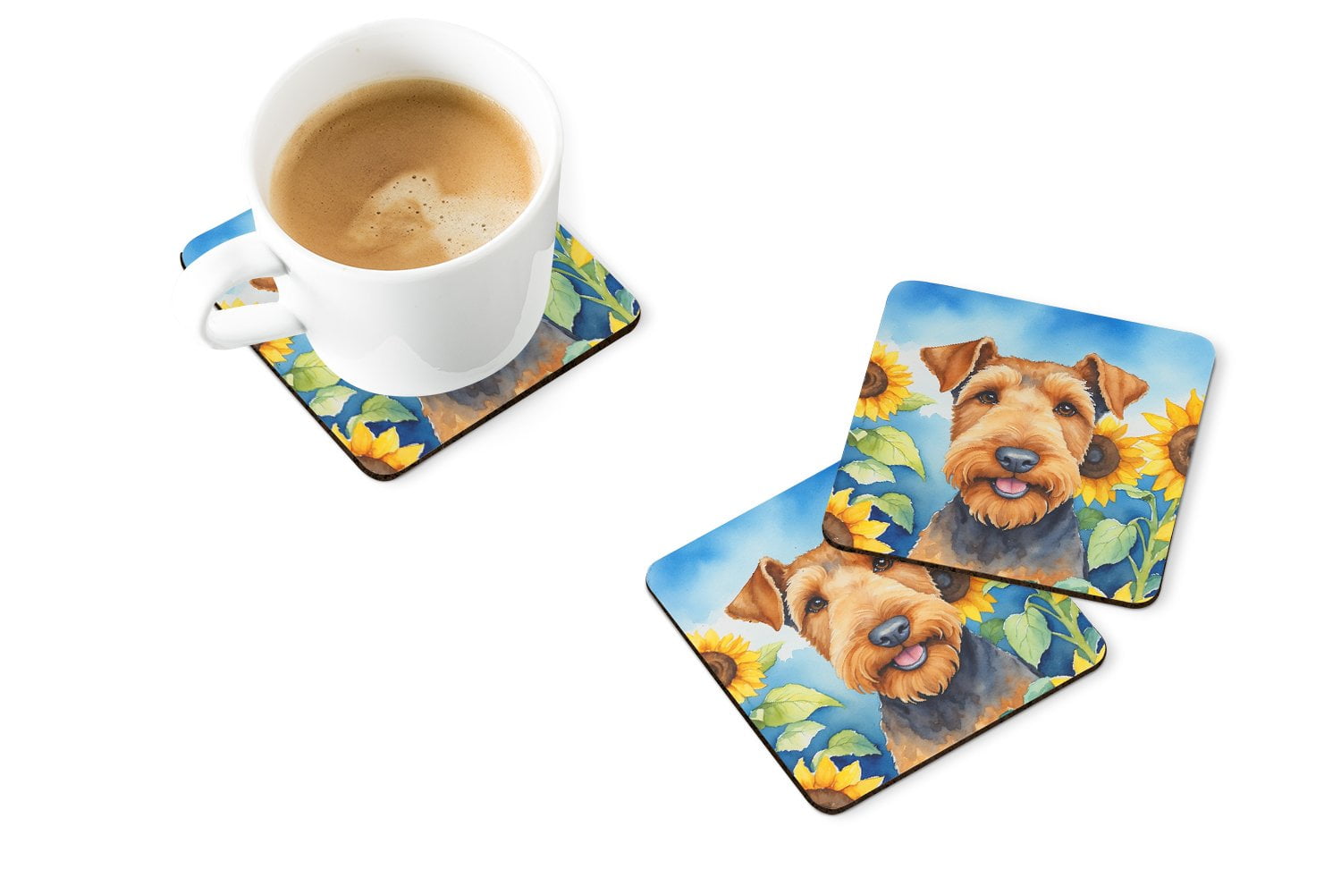 Airedale Terrier in Sunflowers Foam Coasters 3.5 in x 3.5 in