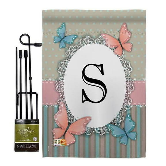 Breeze Decor BD-BG-GS-130149-IP-BO-D-US14-BD 13 x 18.5 in. Butterflies S Initial Garden Friends Bugs & Frogs Impressions Decorative Vertical Double Sided Flag Set with Banner Pole