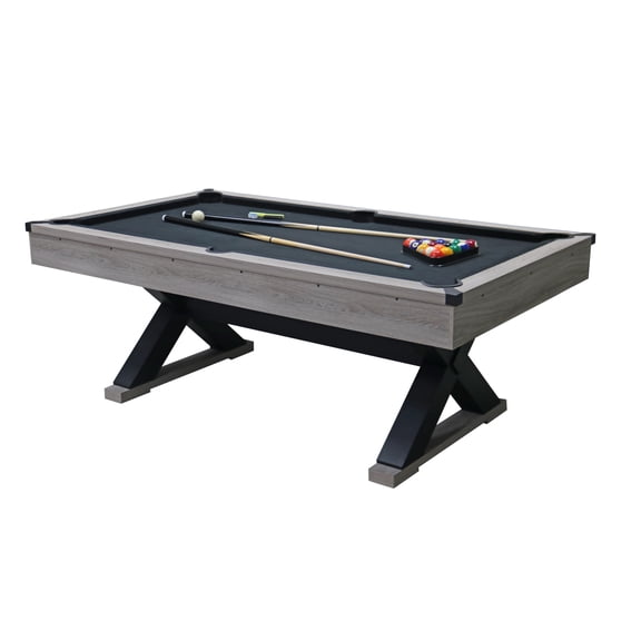 84" Pool Table with Billiard Balls, Cues, Pool Cue Chalk, Cleaning Brush, X-Legs, Black Cloth, Rustic Grey,84.1"L x 46.5"W x 32"H