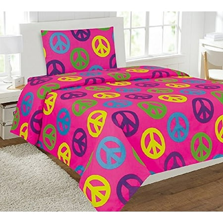 wpm 3 piece twin sheet set kids teens pink peace sign design luxury