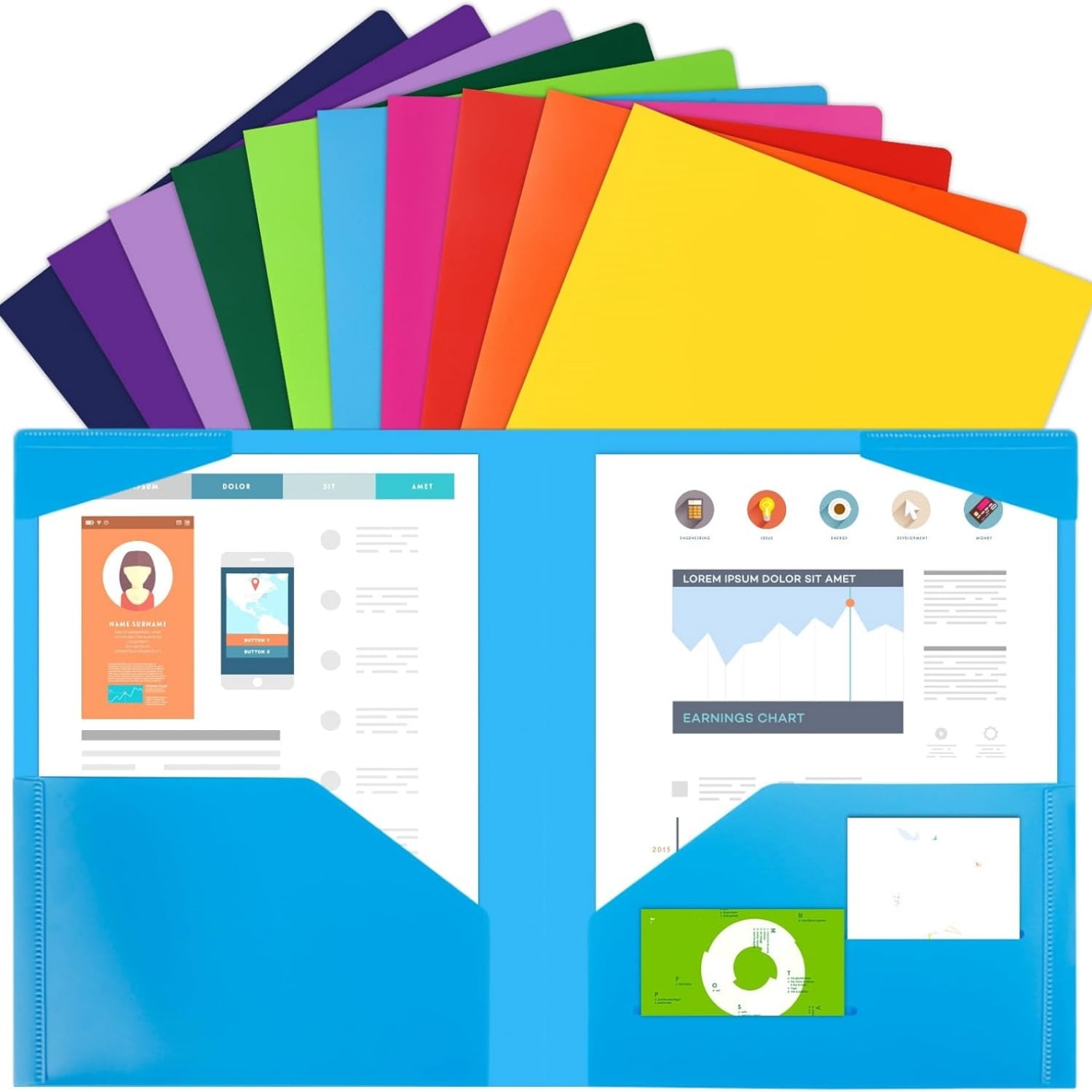 100pcs Plastic Folders with Pockets, Pocket Folders with 4 Pockets for Office and School, Letter Size, 10 Assorted Colors