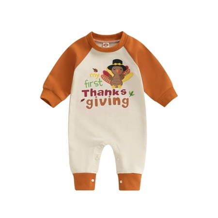 

Bmnmsl Thanksgiving Baby Jumpsuit Long Sleeve Turkey Letters Print Romper
