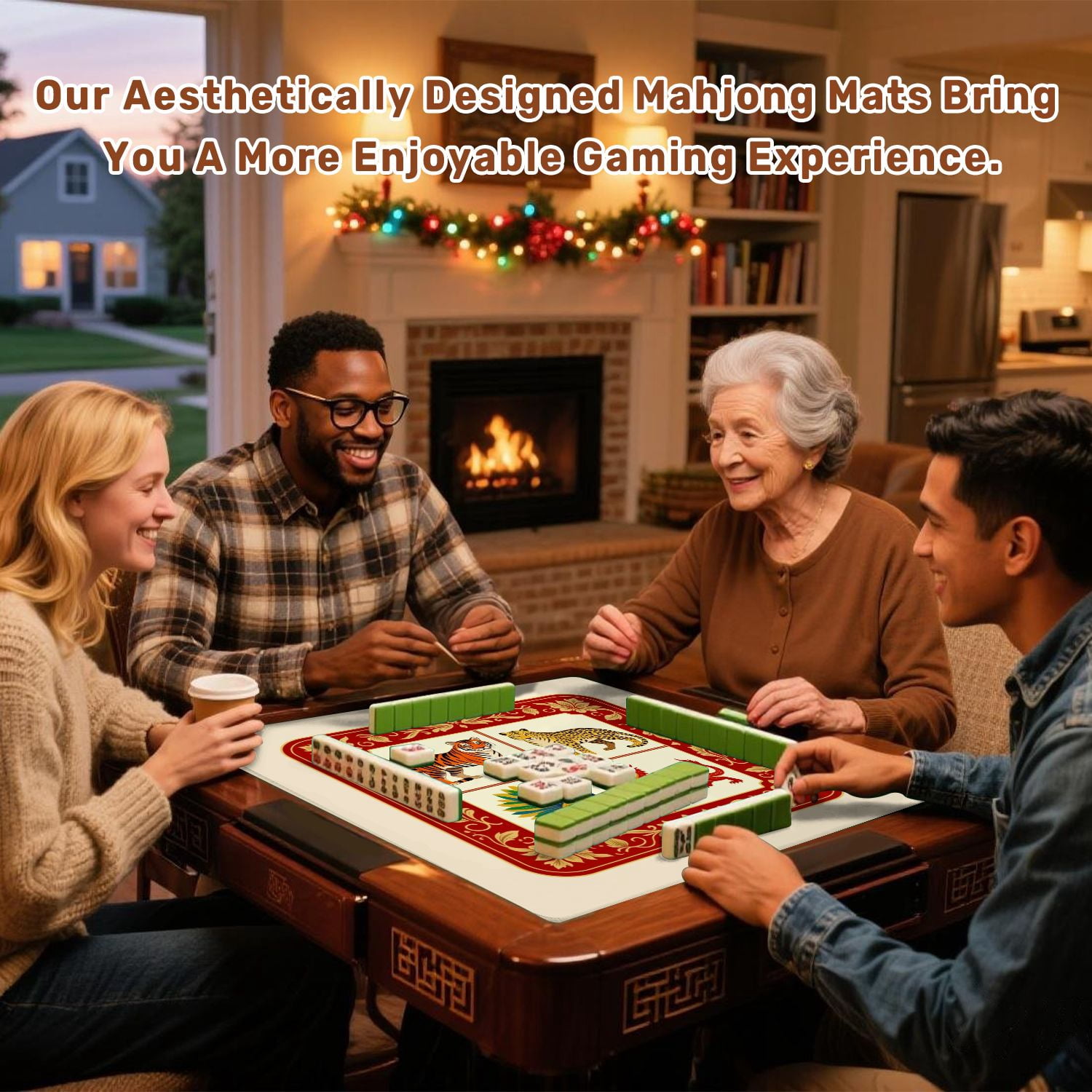 Mahjong Mat 31.5" x 31.5" Vintage Chinese Zodiac Animals Tiger Leopard Peacock Dragon Non-Slip Noise Reduction American Mahjong Tiles Table Cover for Dominoes Poker Card Board Games Gift