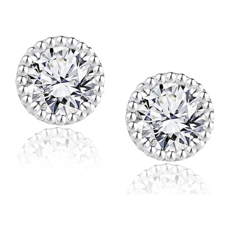 JeenMata 3.25 Carat Round Brilliant Moissanite Earrings Stud Halo Milgrain in 18K White Gold over Silver