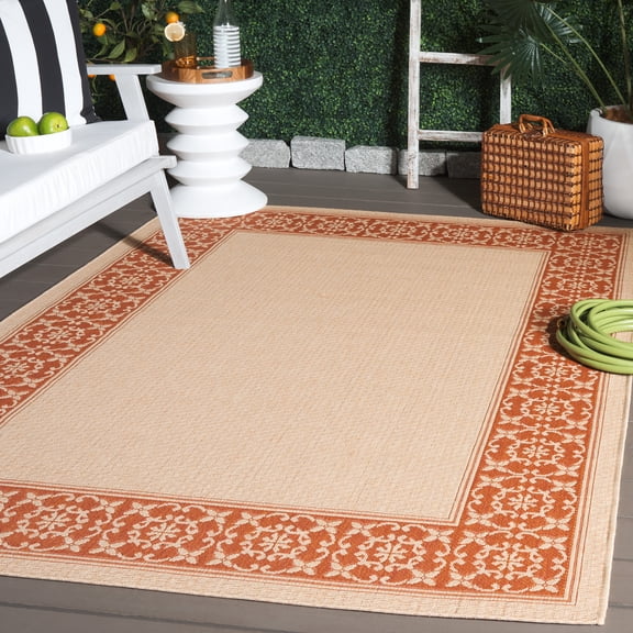 SAFAVIEH Courtyard Kian Bordered Indoor/Outdoor Area Rug, Cream/Terracotta, 6'7" x 9'6"