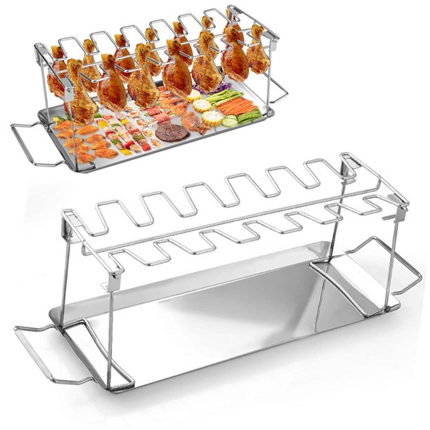 Grill Holder with Drip Pan 14 Slots Stainless Steel Chicken Leg Rack Rib Rack Premium Foldable
