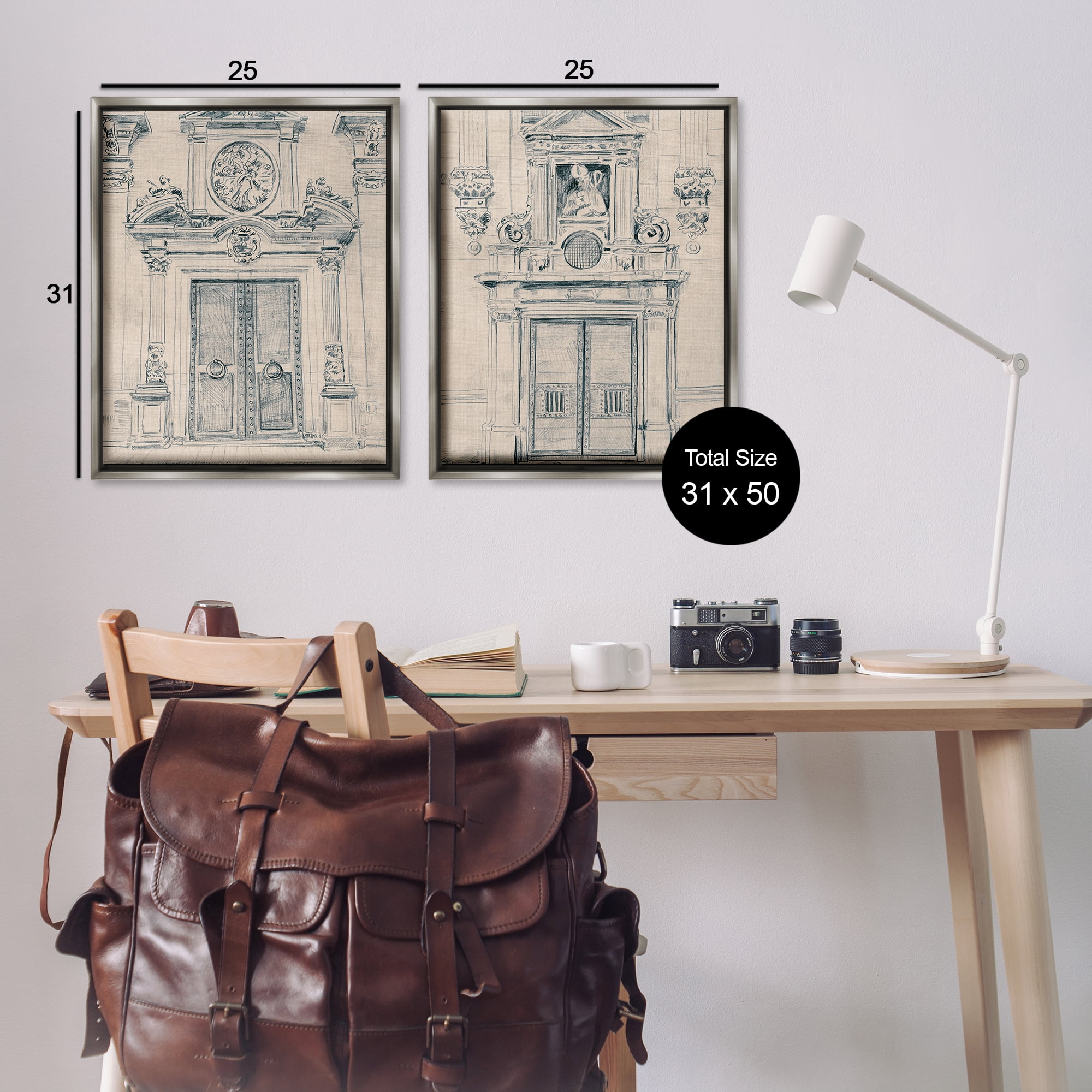 Stupell Industries Pencil Sketch Ornate Door Buildings & Architecture Drawing Gray Floater Framed Canvas Art Print Wall Art, 31 x 25, Set of 2