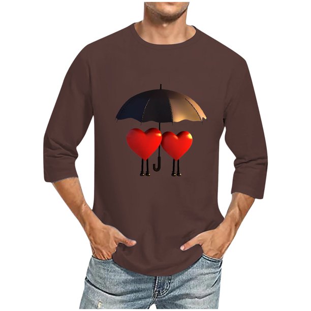 Camisas de Manga Larga para los Hombres Día de San Valentín Impresión Cuello Redondo Moda Casual, Mezcla de Poliéster de Lino de Algodón para Primavera Verano