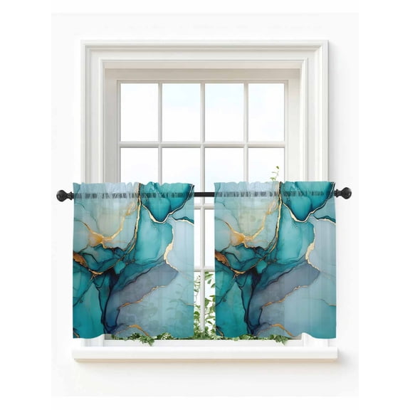 Teal Ombre Tier Curtains 24 Inch Length, Sheer Curtains for Bedroom Living Room Window Modern Marble Ink Painted Abstract Rod Pocket Voile Drapes Kitchen Curtains Small Half Window 27.5"x24" 2 Panels