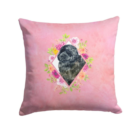 Carolines Treasures CK4163PW1414 Newfoundland Pink Flowers Fabric Decorative Pillow  14Hx14W multicolor
