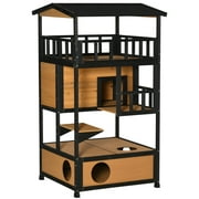 Angle View: PawHut Wooden Outdoor Cat House, Feral Cat Shelter Kitten Tree with Asphalt Roof, Escape Doors, Condo, Jumping Platform, Natural Wood