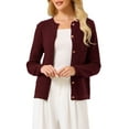 thumbnail image 1 of Suéter de cardigan de botón para mujer INSPIRE CHIC, cuello redondo, de manga larga, tejido de canalé, color rojo oscuro, talla S, 1 of 5