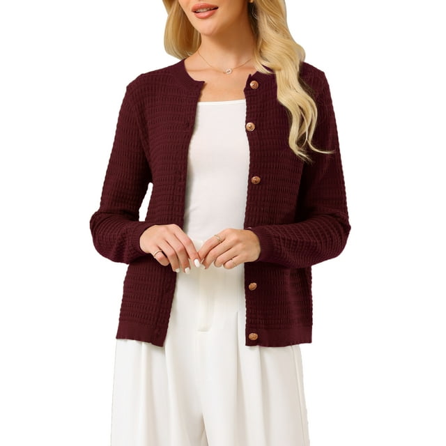 Suéter de Cardigan de Botones para Mujer INSPIRE CHIC, Cuello Redondo, Manga Larga, Tejido Acanalado, Talla 2XL, Rojo Oscuro