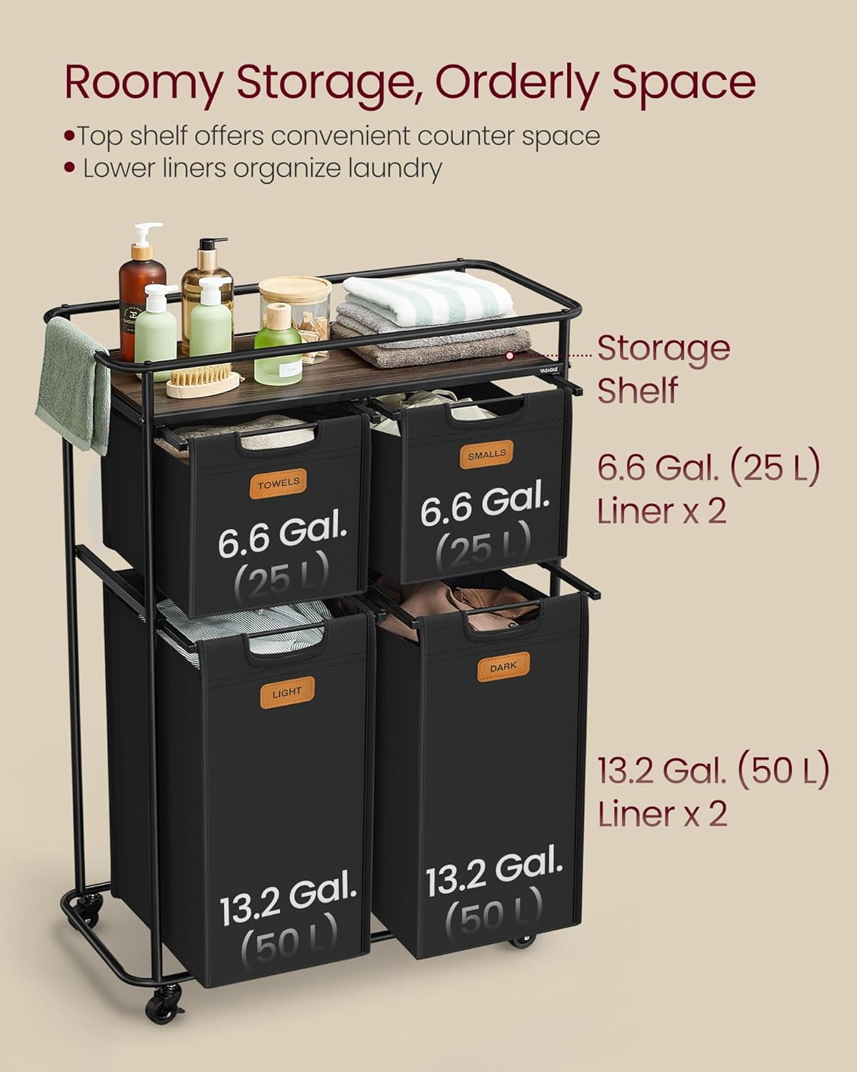 Laundry Sorter, Laundry Basket with Wheels, 39.6 Gal. Rolling Laundry Hamper, Portable Laundry Cart 4 Removable Liners and 6 Labels, Ink Black and Chestnut Brown