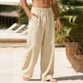 thumbnail image 2 of UVEASISHA Men's Summer Pants Solid Color Loose Linen Pants Drawstring Elastic Waist Beach Trousers Lightweight Straight Wide Leg Slacks with Pockets Khaki S, 2 of 9